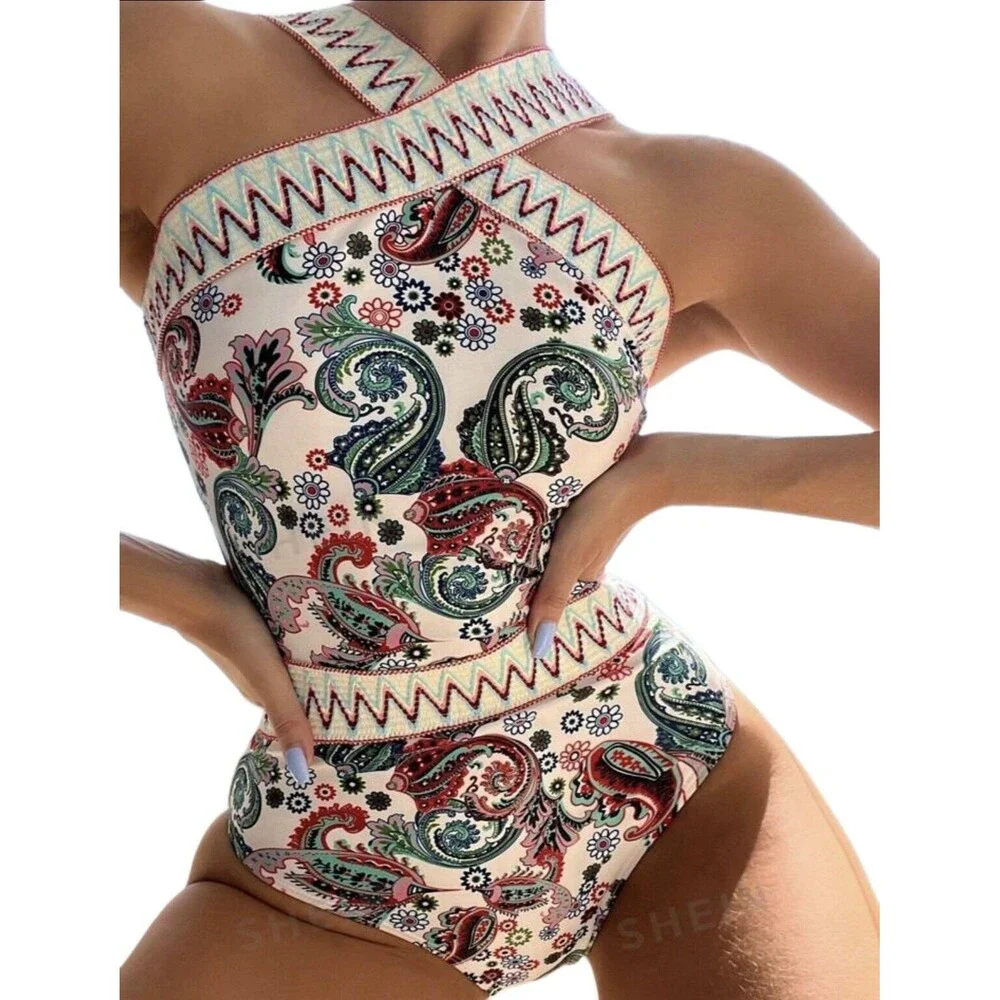 Paisley Chevron Stripe Tape High Neck One Piece Swimsuit Size Large - NWT